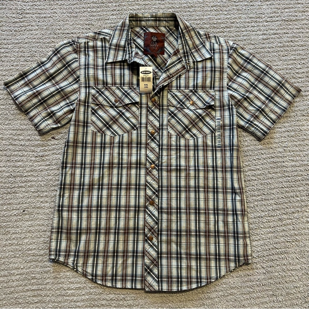 Deadstock Vintage Old Navy XXL Western Snap Button Short Sleeve Plaid Shirt NWT